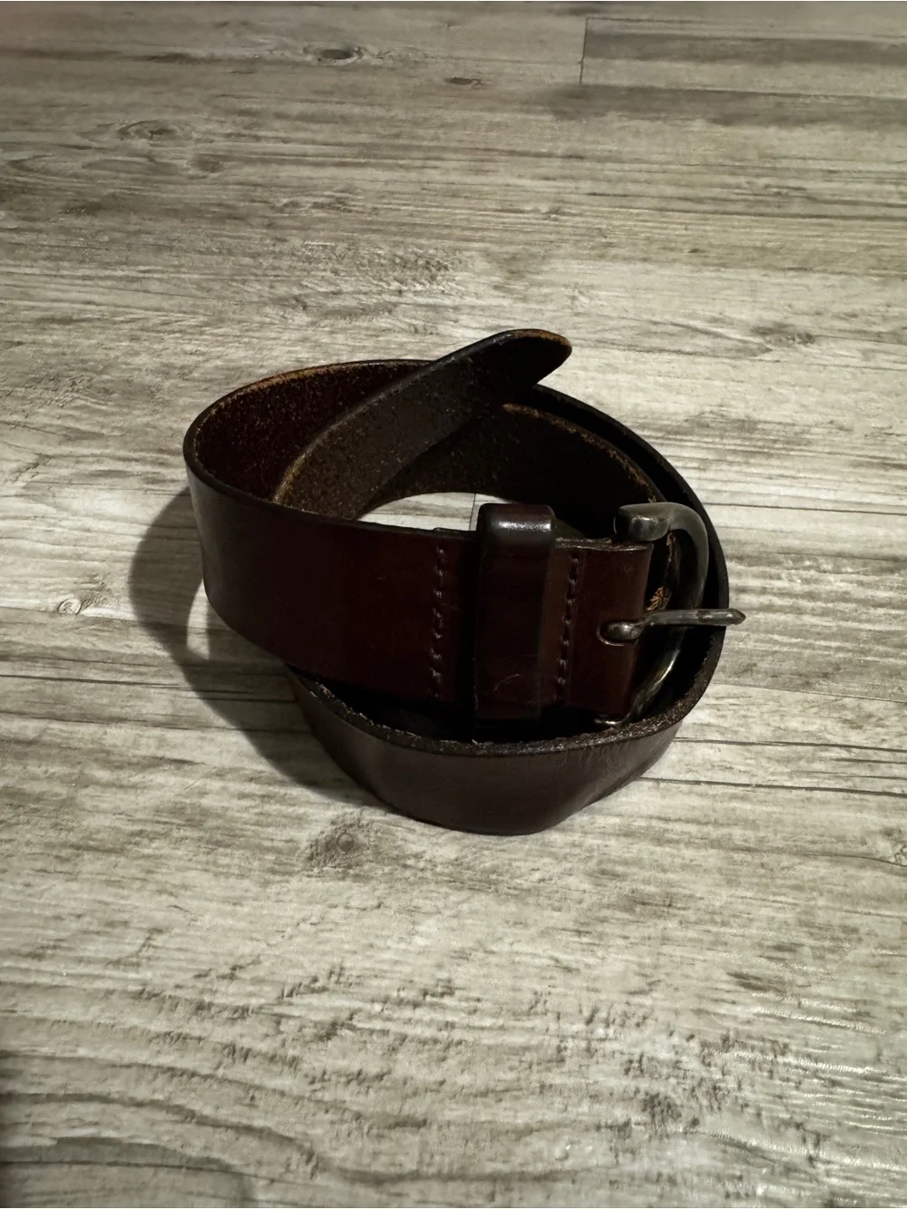 Classic Women's Brown Leather Belt with Distressed Silver Buckle